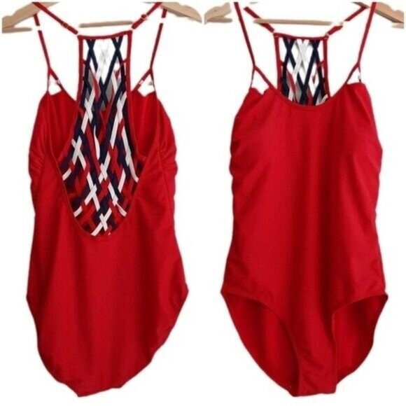YMI One Piece Swimsuit Lattice Woven Back Red Sz L - Picture 1 of 10